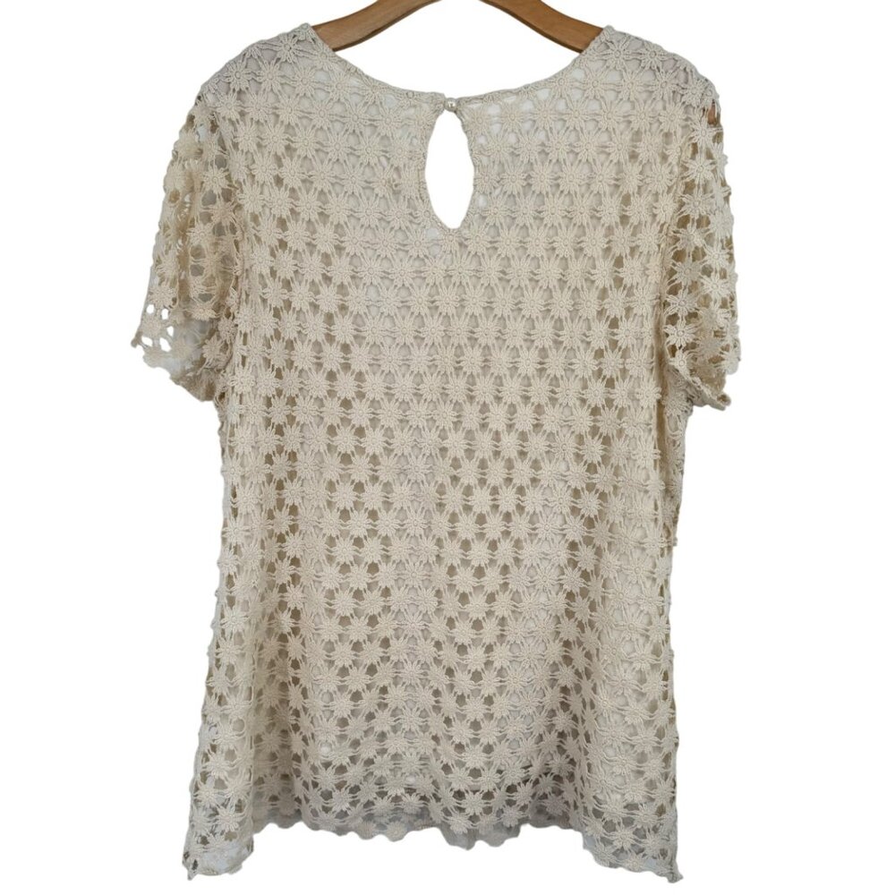 Dressbarn Women's size XL ivory Floral Lace Top  Rhinestone short sleeve - Picture 10 of 11